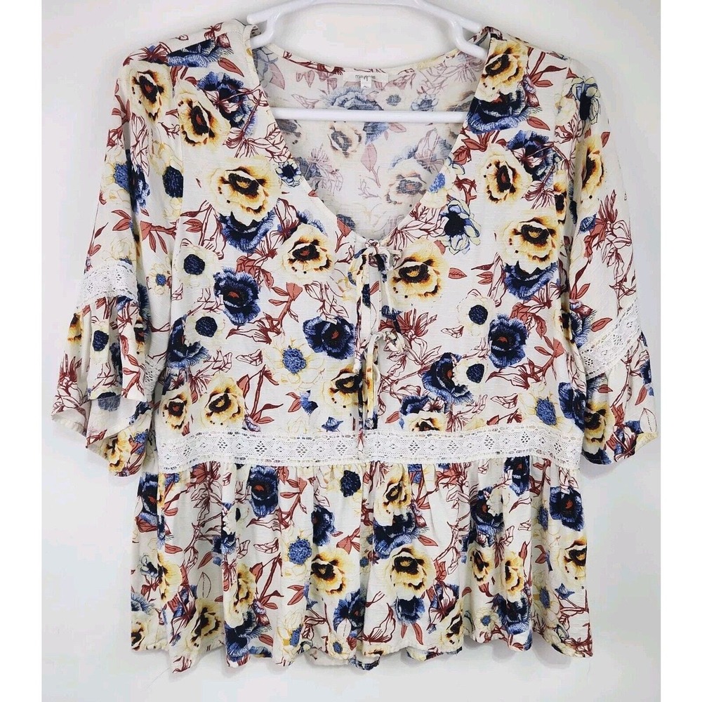 Maurices Tie Front Floral Crochet Womens 0X Blouse 3/4 Bell Sleeve Boho Festival